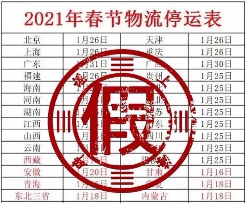 物流停运时间表_物流企业快递停运_2021年春节放假时间安排